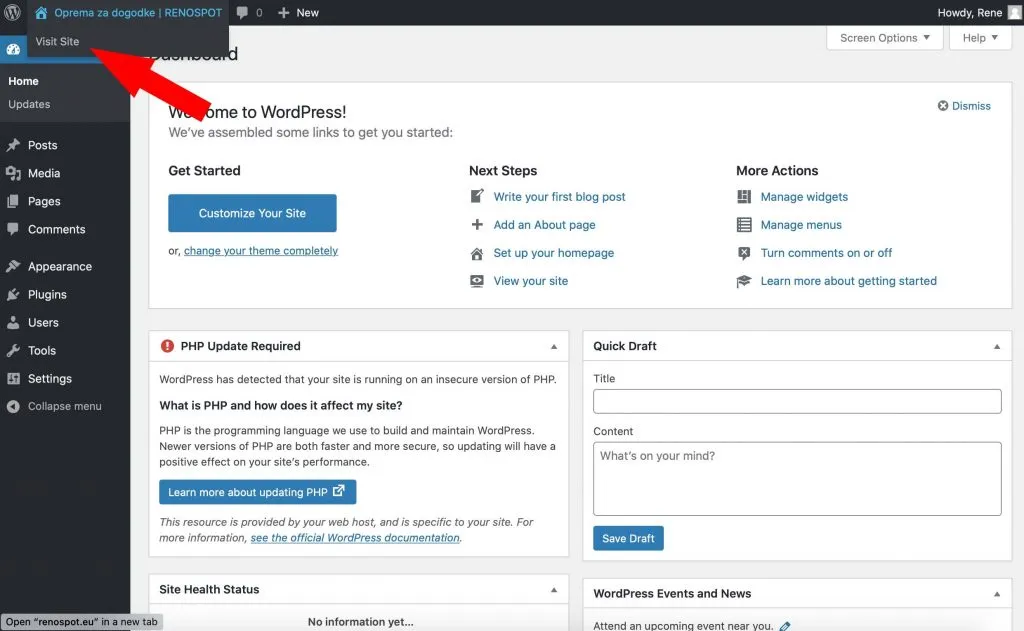 Wordpress nadzorna plošča